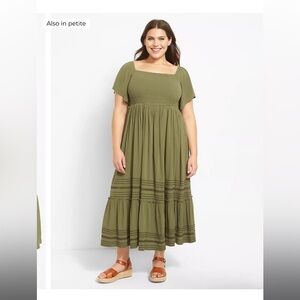 Lane Bryant Convertible Neckline Smocked Embroidered Midi Dress Olive Green